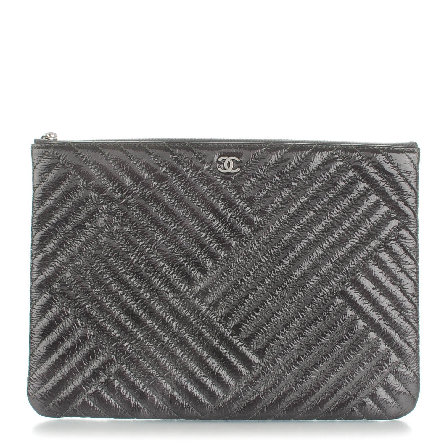 Chanel Distressed Patent Chevron Quilted Medium CC Crossing Cosmetic Case Grey 1 of 7