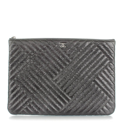 Chanel Distressed Patent Chevron Quilted Medium CC Crossing Cosmetic Case Grey 1 of 7