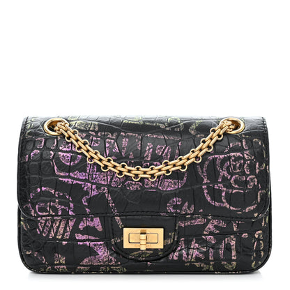 Chanel Calfskin Crocodile Embossed Graffiti 2.55 Mini Cocodile Reissue Flap Black Gold 1 of 10