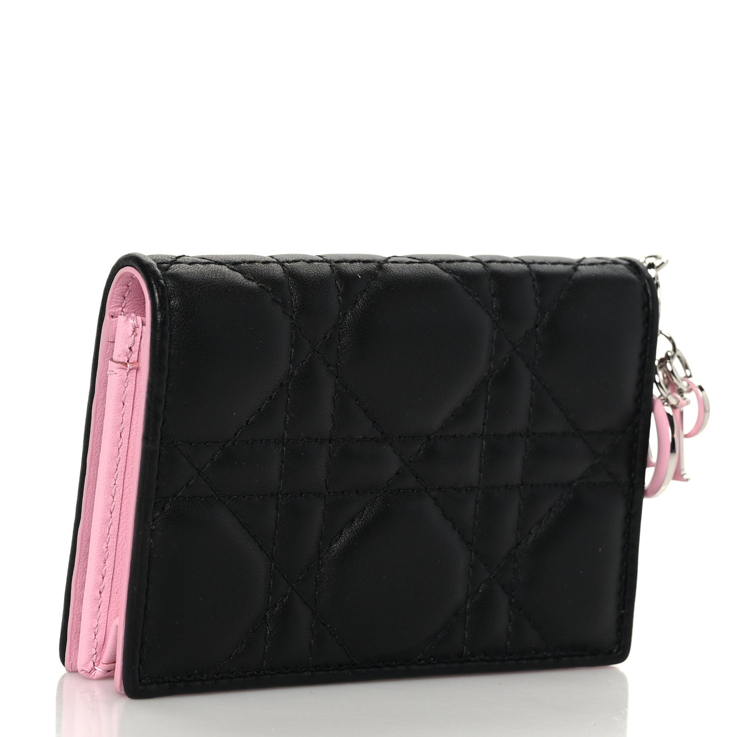 Lambskin Cannage Bi-Color Small Lady Dior Flap Card Holder Black Pink