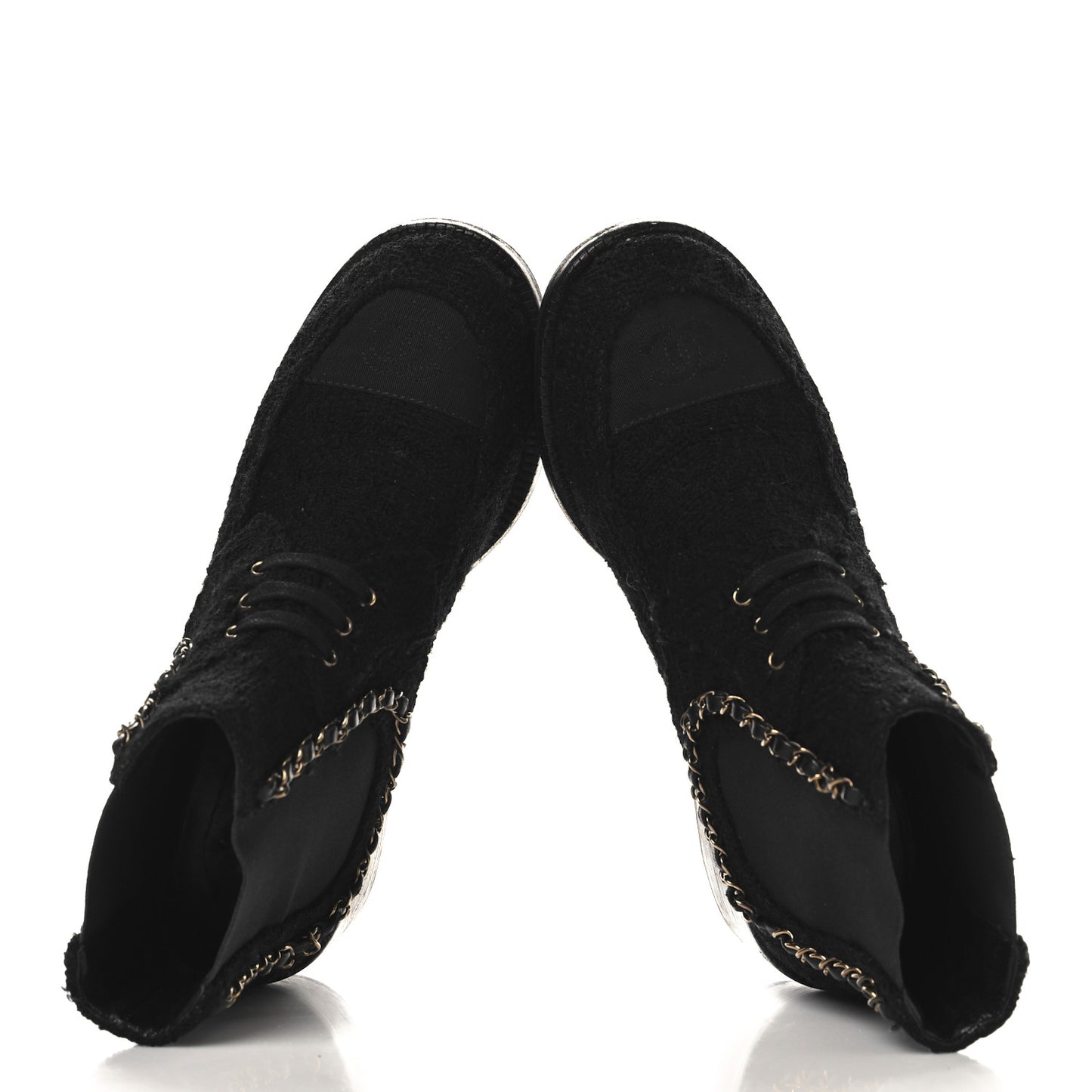 Tweed Calfskin Chain Lace Up Boots 37.5 Black