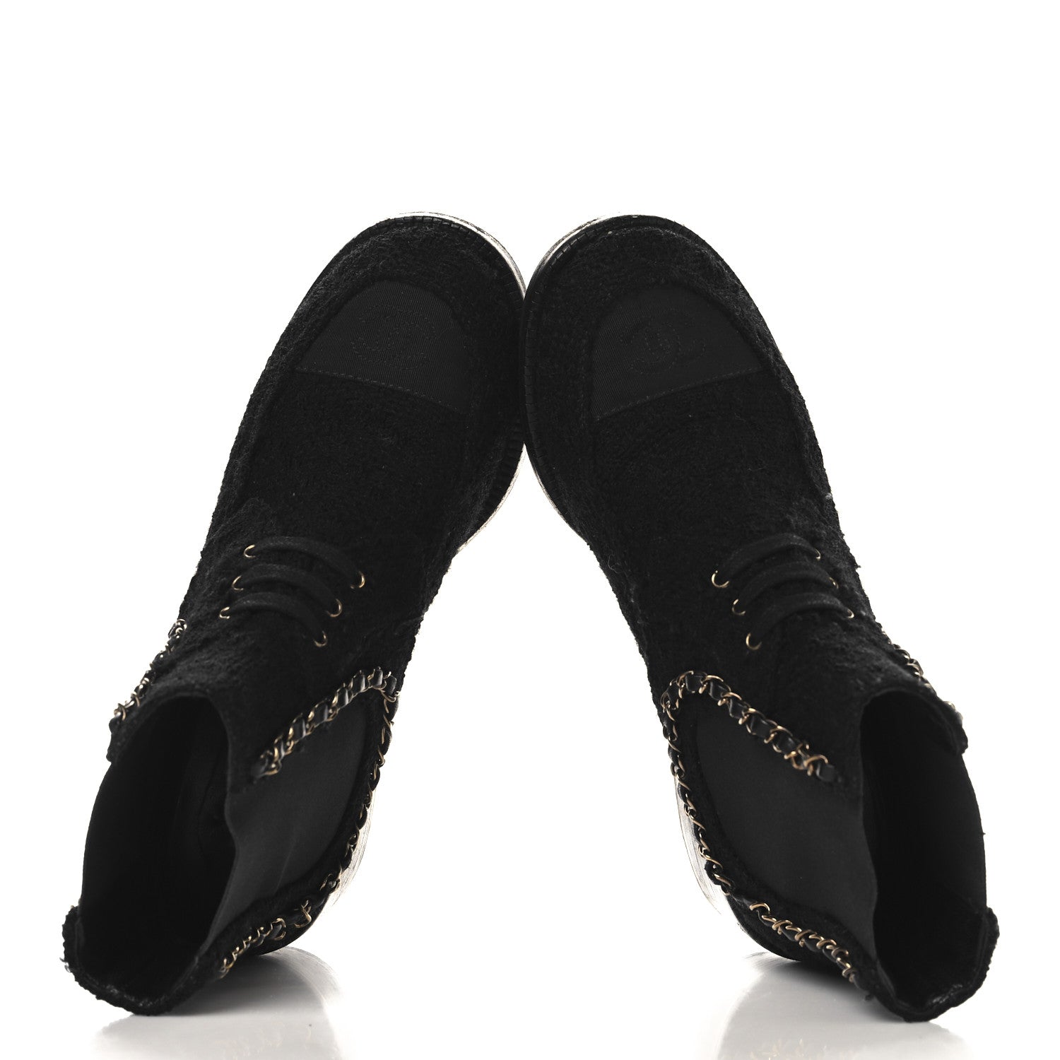 Chanel Tweed Calfskin Chain Lace Up Boots 37.5 Black 2 of 9