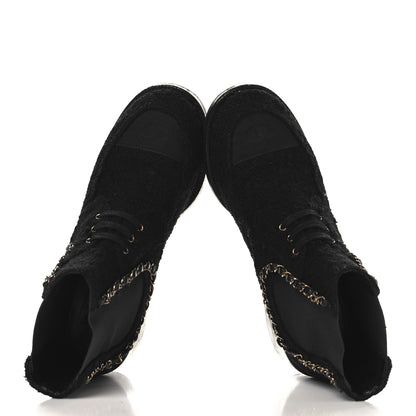 Chanel Tweed Calfskin Chain Lace Up Boots 37.5 Black 2 of 9