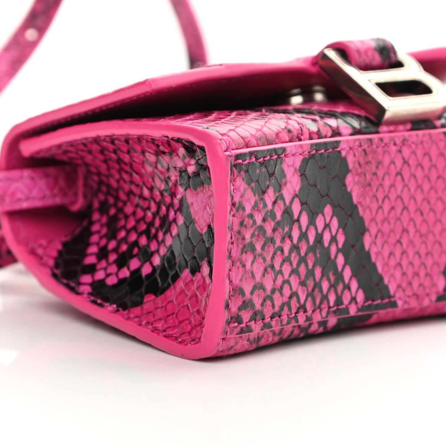 Shiny Calfskin Python Effect Hourglass Top Handle Bag Mini Fuchsia Black