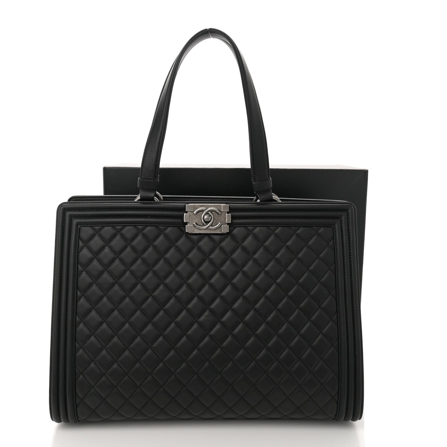 Calfskin Quilted Boy Shopping Tote Black
