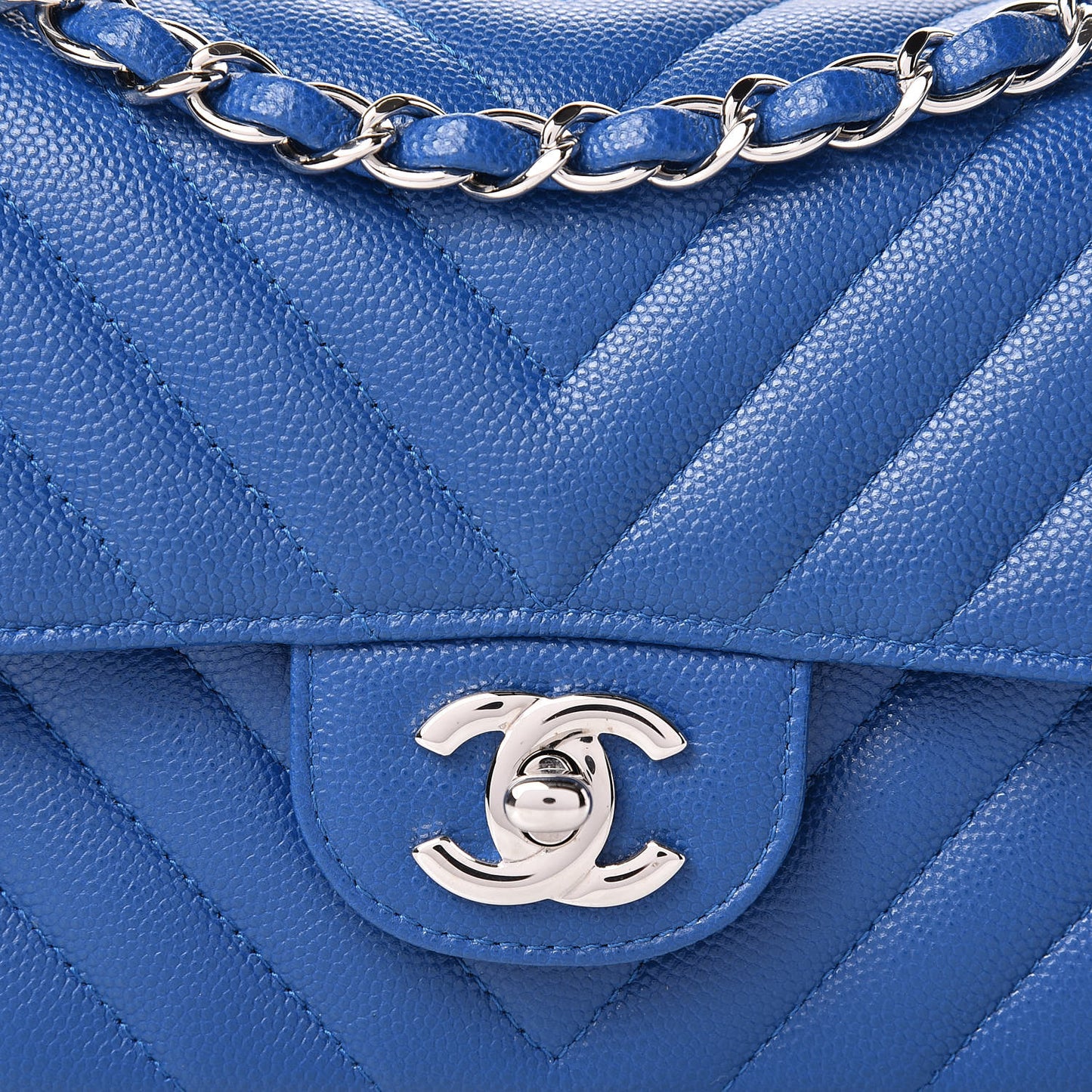 Caviar Chevron Quilted Mini Rectangular Flap Blue
