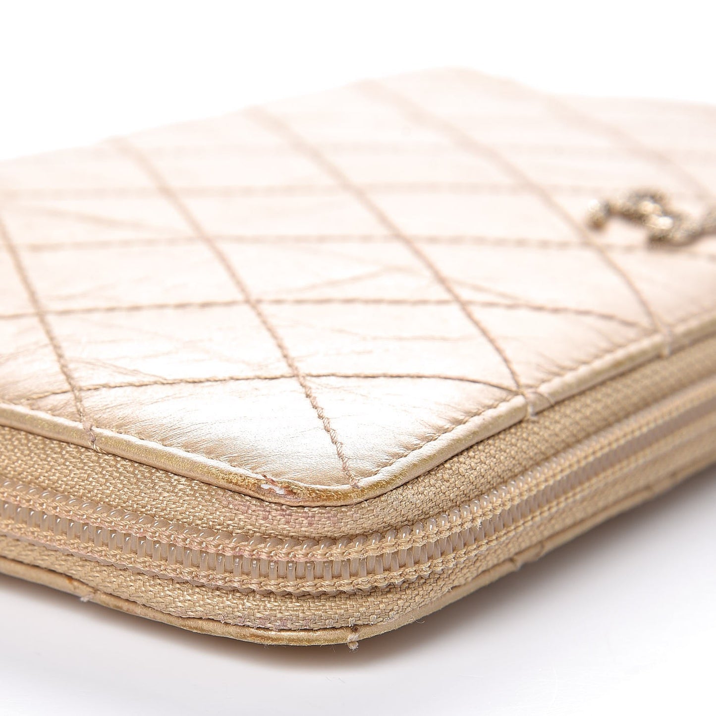 Metallic Aged Calfskin Quilted Palette Large Zip Around Organizer Wallet Gold