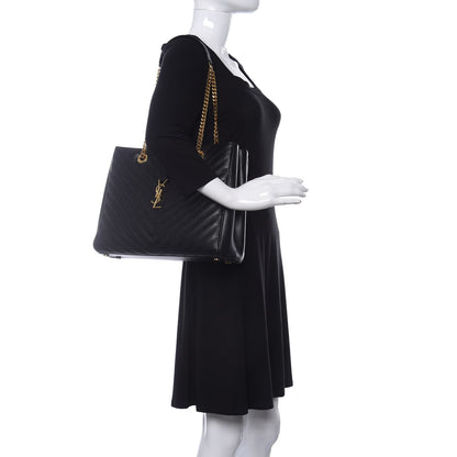 Saint Laurent Grain De Poudre Matelasse Chevron Monogram Shopping Bag Black 2 of 10