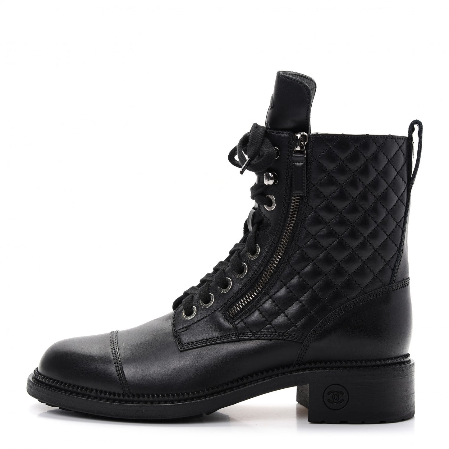 Calfskin Quilted Lace Up Combat Boots 40.5 Black