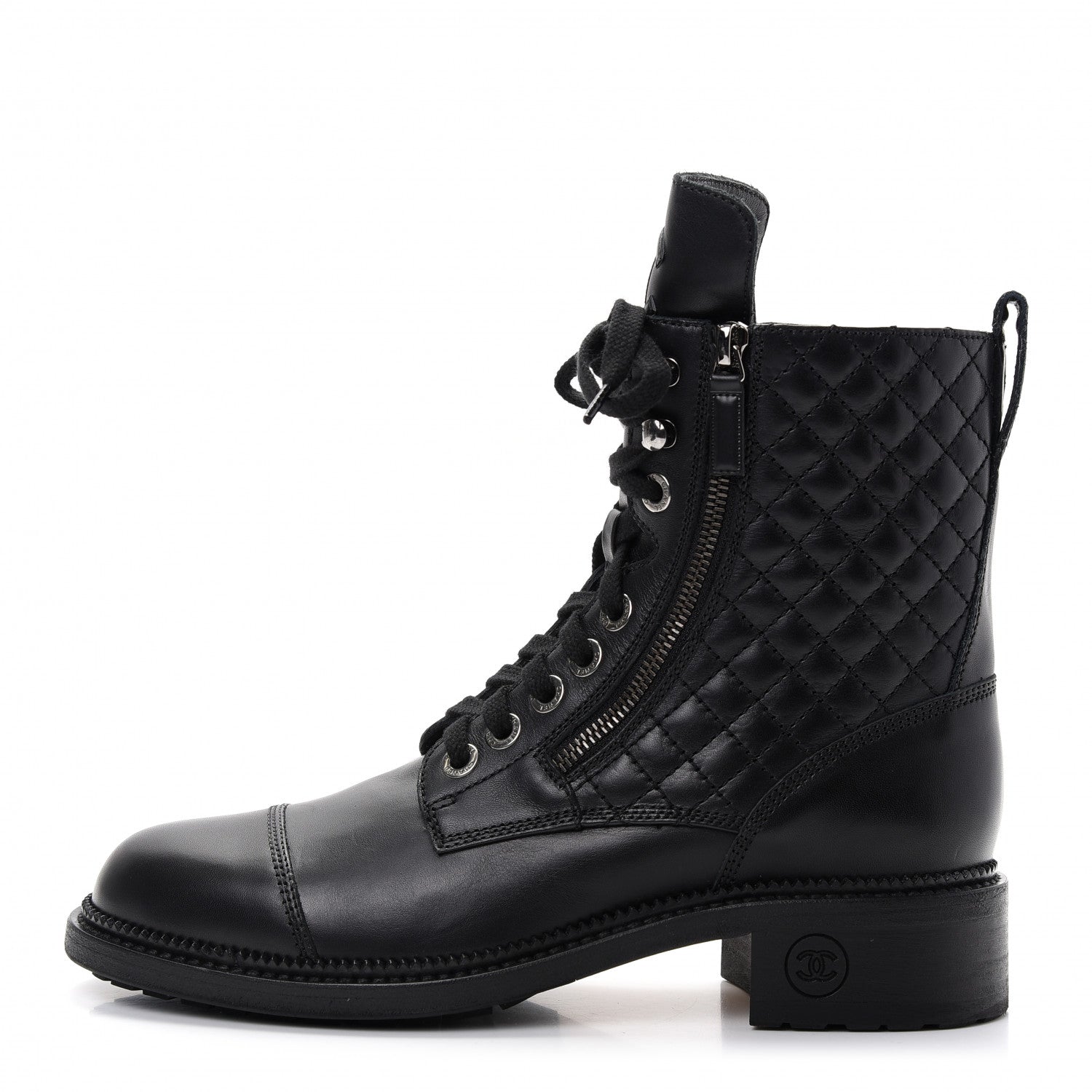 Chanel Calfskin Quilted Lace Up Combat Boots 40.5 Black 1 of 11