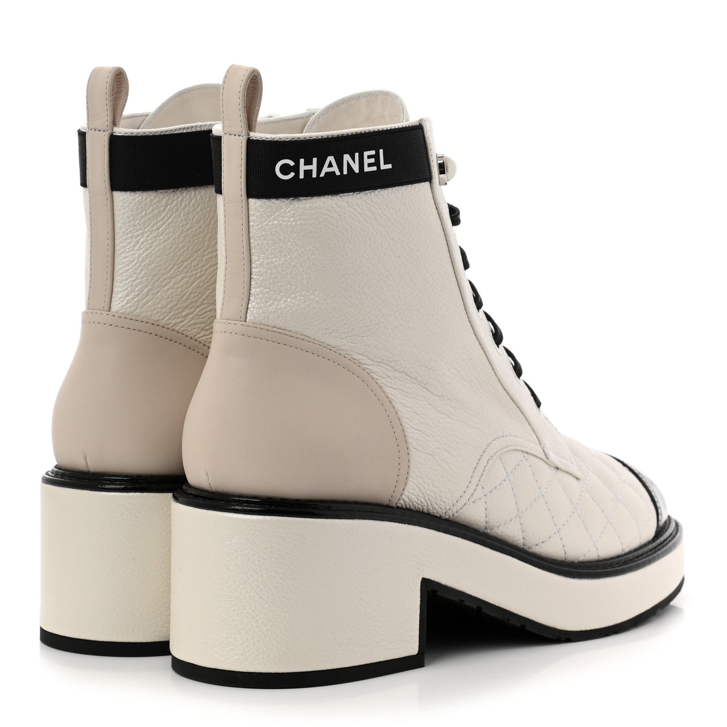 Pearly Calfskin Patent Calfskin Quilted Lace Up Boots 38 White Light Gray Black