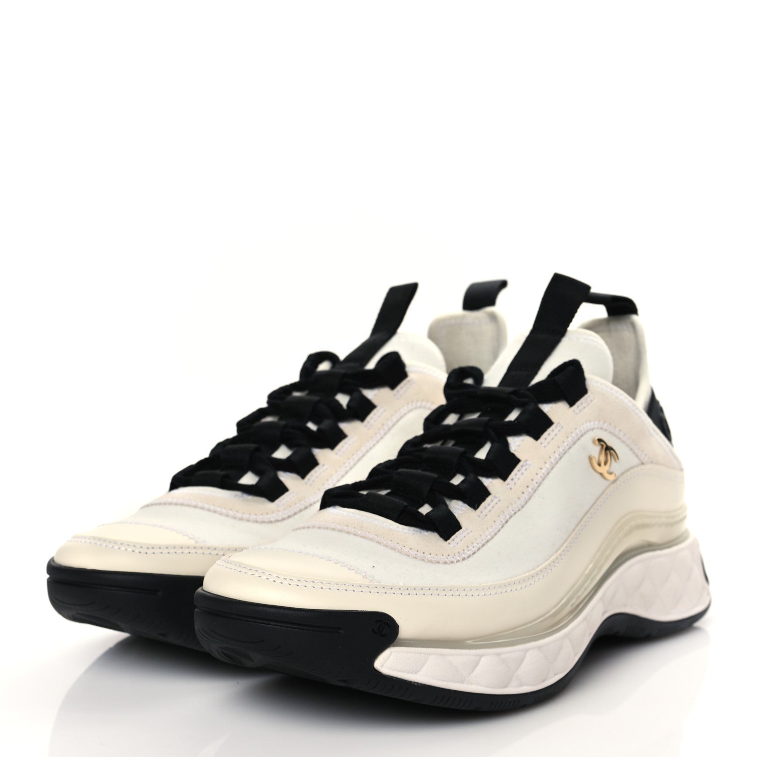 Chanel Velvet Calfskin Mixed Fibers CC Sneakers 38.5 Ivory Black 2 of 10