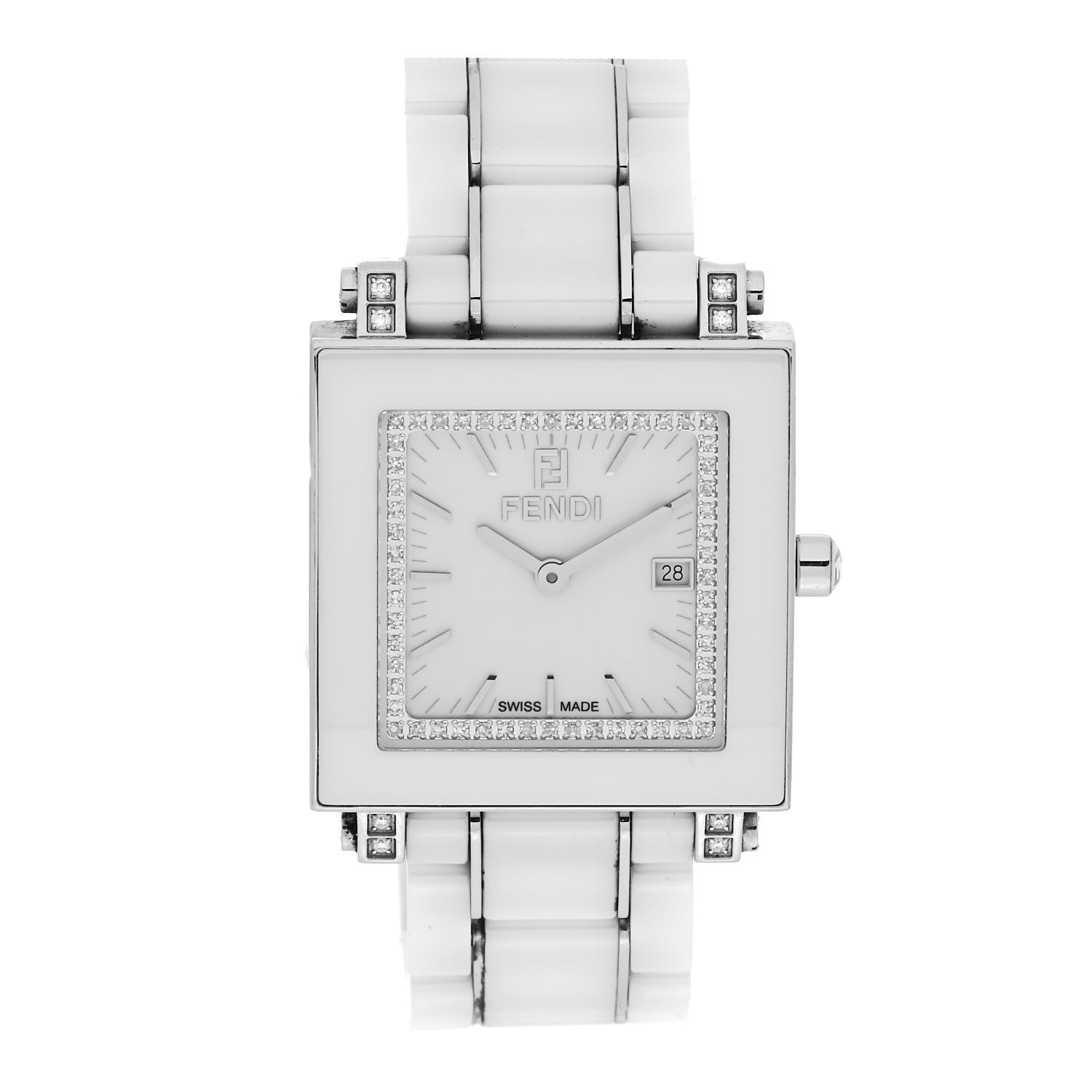 Fendi Stainless Steel Ceramic Diamond Bezel 30mm Quadro Quartz Watch White 1 of 5