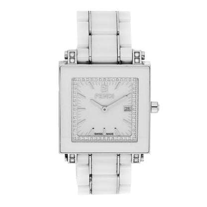 Fendi Stainless Steel Ceramic Diamond Bezel 30mm Quadro Quartz Watch White 1 of 5