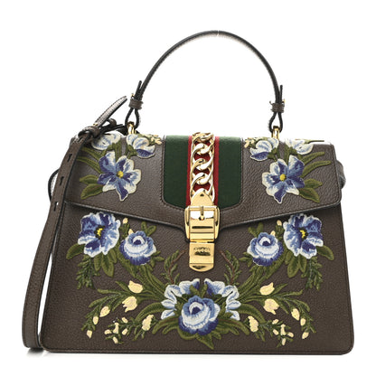 Gucci Calfskin Embroidered Medium Sylvie Top Handle Bag New Acero Multicolor 1 of 10