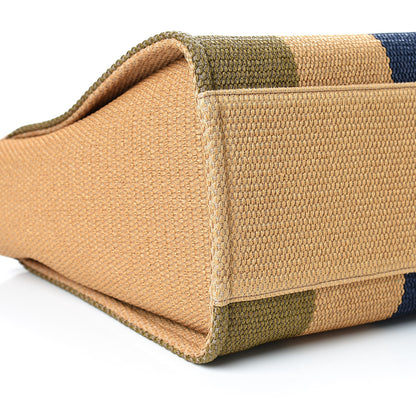 Chanel Straw Raffia Calfskin Striped Large Deauville Tote Khaki Beige Navy Blue 10 of 12