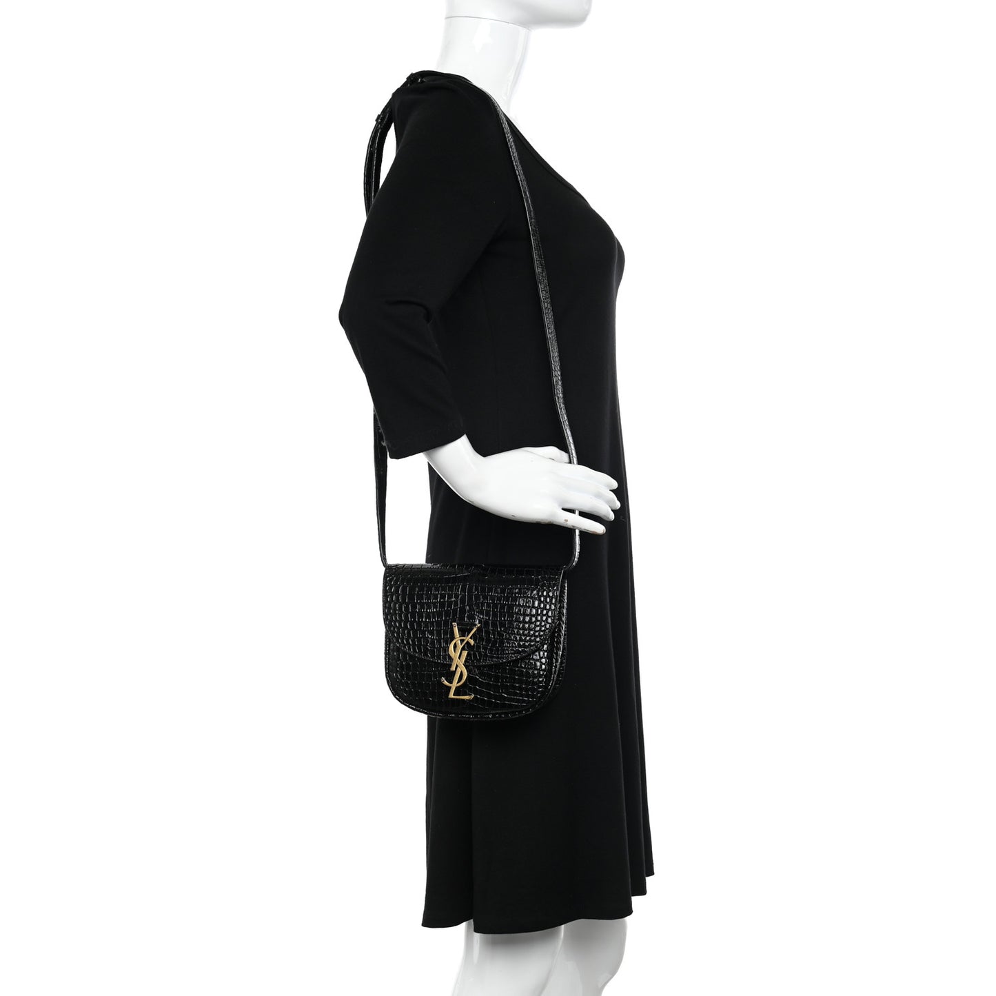 Crocodile Embossed Calfskin Small Kaia Satchel Black