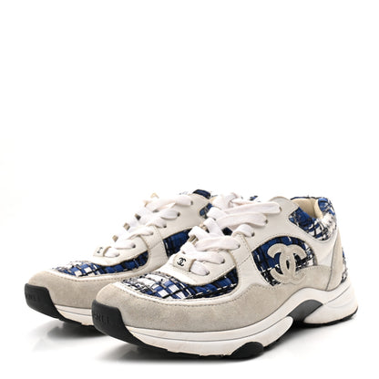 Chanel Tweed Suede Calfskin Womens CC Sneakers 37 Dark Blue Black Grey White 4 of 9