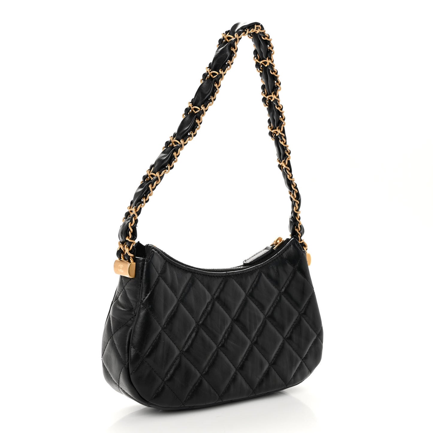 Crumpled Calfskin Quilted Braided CC Small Hobo Black
