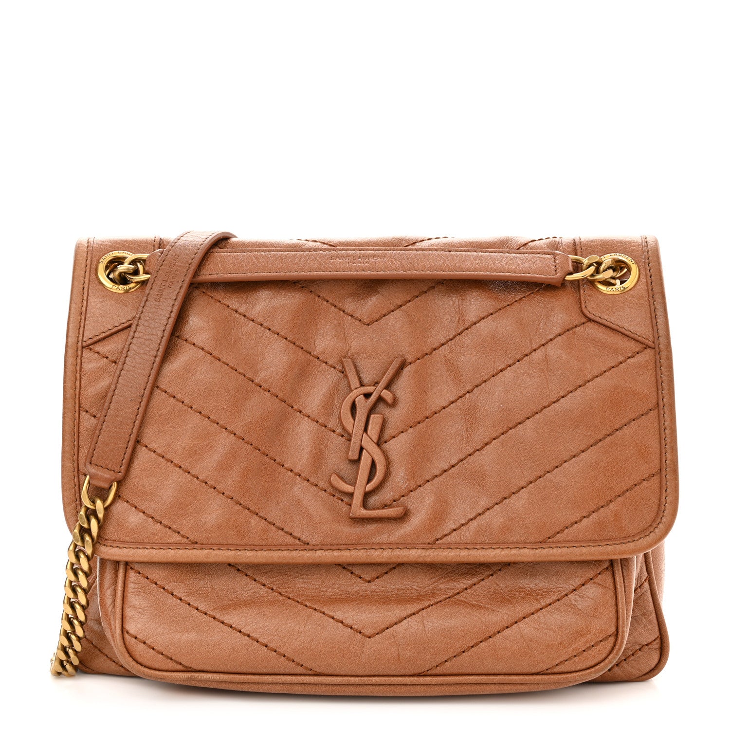 Saint Laurent Crinkled Calfskin Matelasse Monogram Medium Niki Chain Satchel Caramel 1 of 11