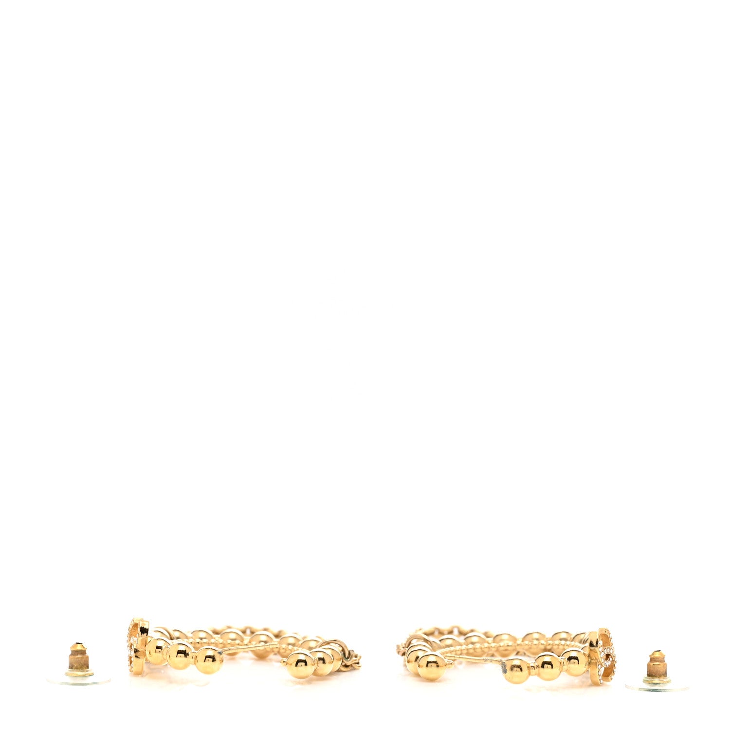 Chanel Metal Crystal Bead Chain CC Hoop Earrings Gold 4 of 5