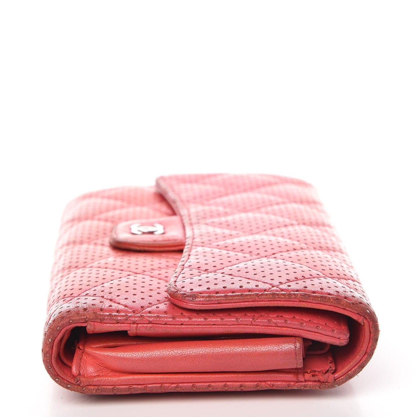 Perforated Lambskin Quilted Flap Wallet Red