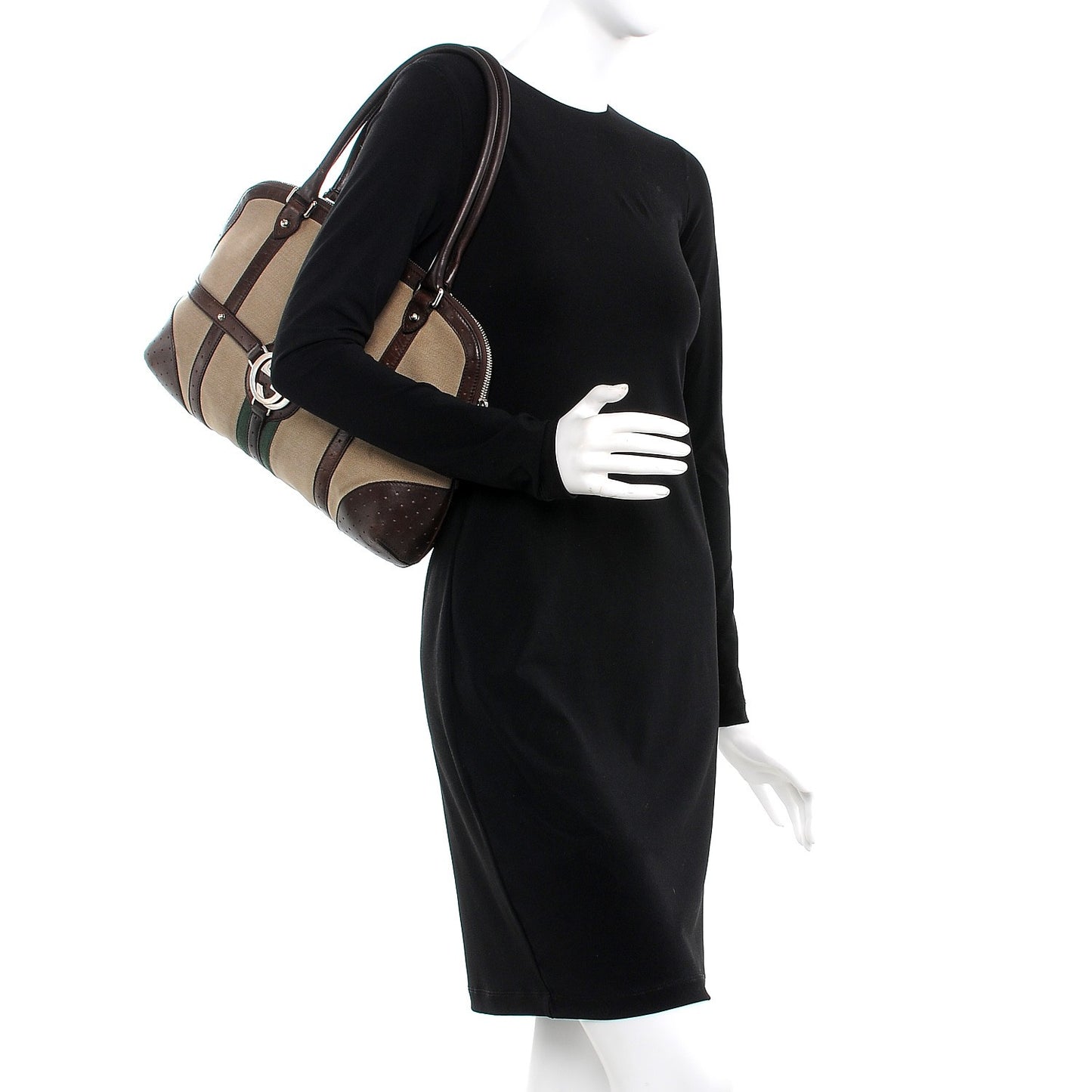 Canvas Calfskin Web GG Reins Zip Up Tote Bag Tan Brown