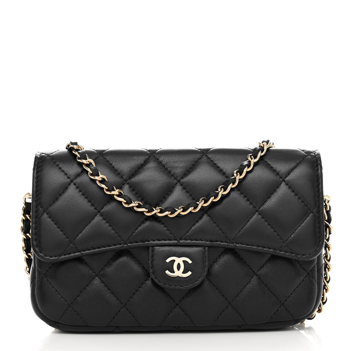 Lambskin Quilted Flap Phone Holder With Chain Black