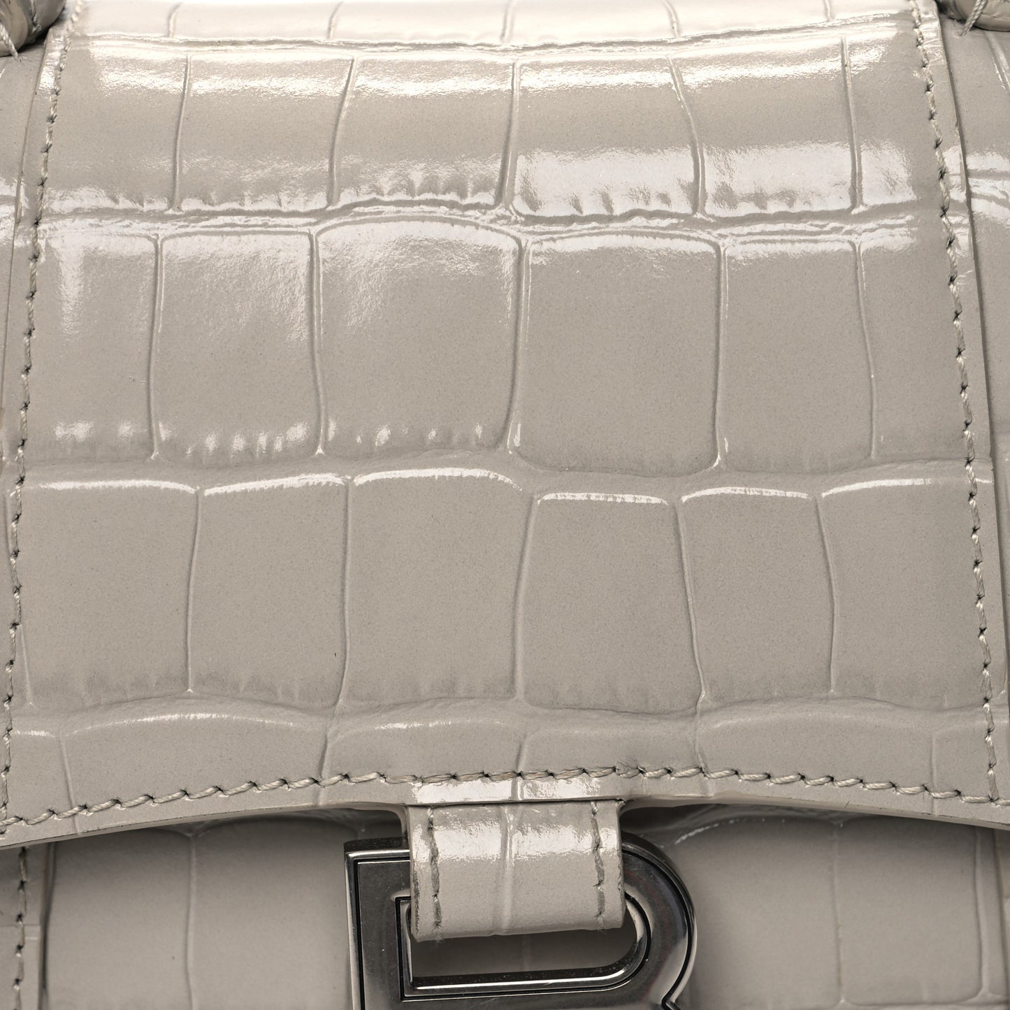 Shiny Calfskin Crocodile Embossed Hourglass Top Handle Bag XS Cold Beige