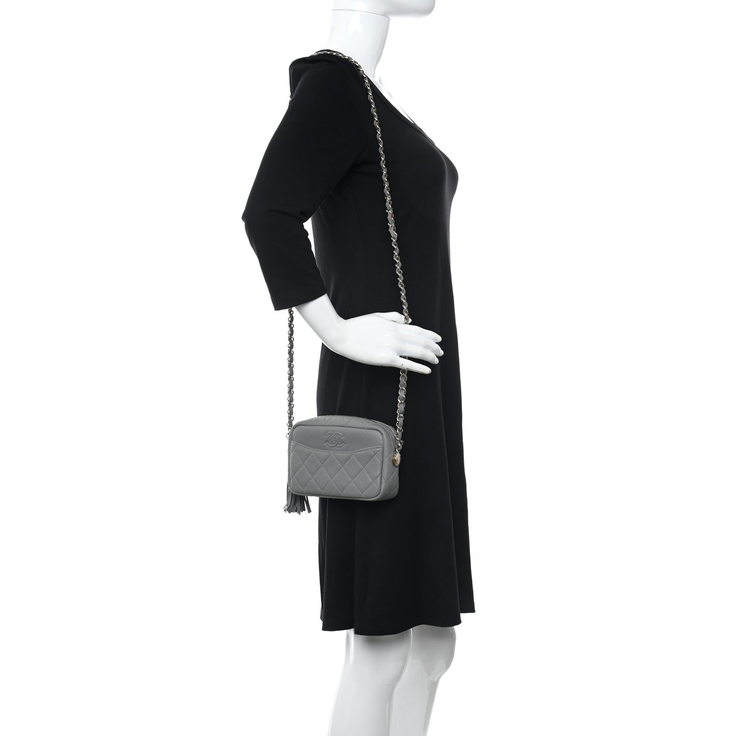 Caviar Quilted Mini Coco Tassel Camera Case Grey