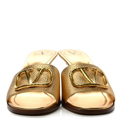 Valentino Garavani Metallic Grainy Cowhide VLogo 65mm Slide Sandals 39.5 Antique Brass 2 of 10