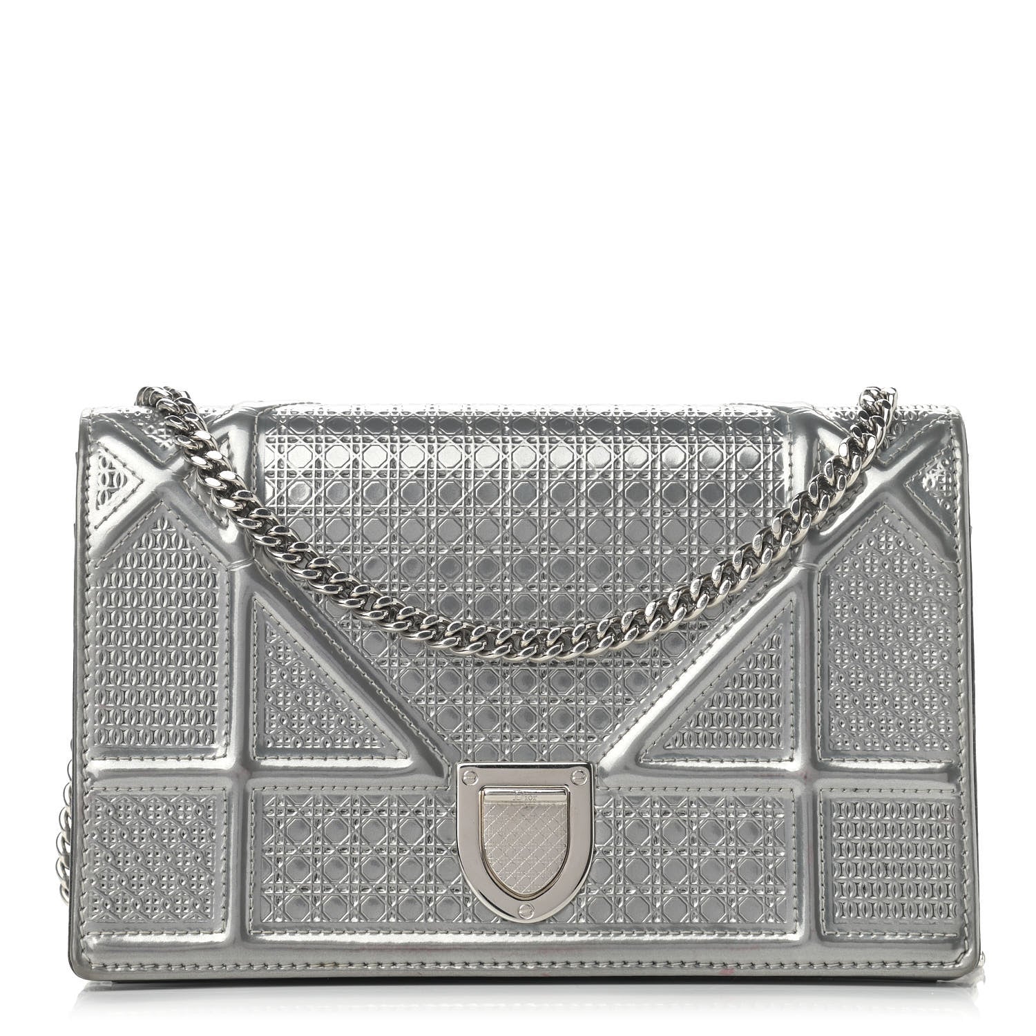 Christian Dior Metallic Patent Micro-Cannage Diorama Wallet on Chain Pouch Silver 1 of 12