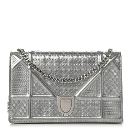 Christian Dior Metallic Patent Micro-Cannage Diorama Wallet on Chain Pouch Silver 1 of 12