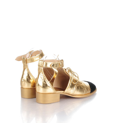 Chanel Metallic Calfskin Suede CC Brogue Lace Up Ankle Strap Oxford Sandals 38 Gold Black 4 of 7