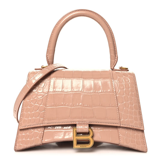 Shiny Calfskin Crocodile Embossed Small Hourglass Top Handle Bag Nude Beige