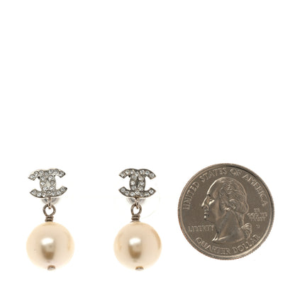 Chanel Crystal Pearl CC Drop Earrings Silver Pearly White 2 of 5