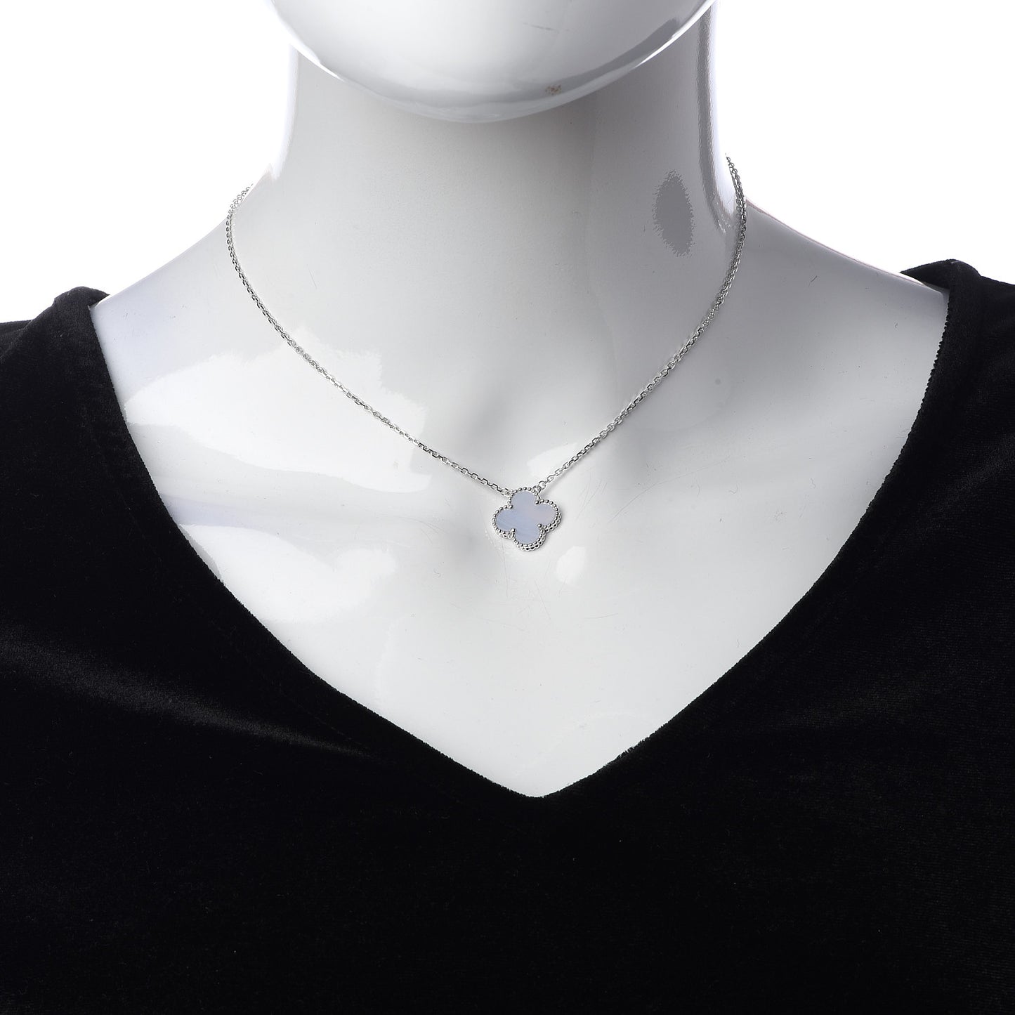 18K White Gold Chalcedony Vintage Alhambra Pendant Necklace