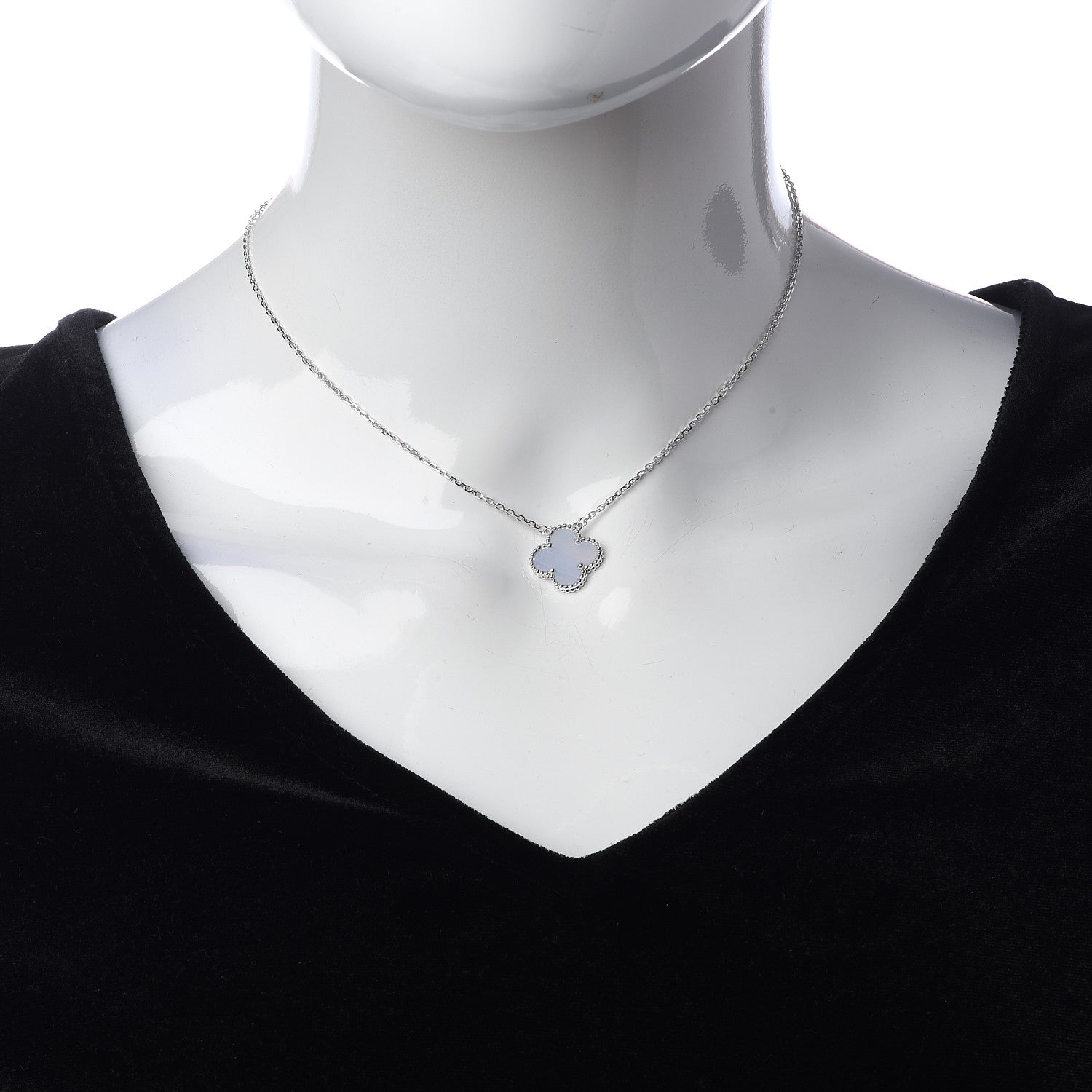 Van Cleef & Arpels 18K White Gold Chalcedony Vintage Alhambra Pendant Necklace 2 of 7