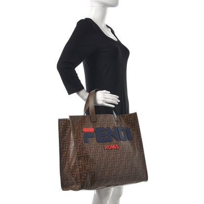 Fendi X FILA Glazed Fabric FF 1974 Mania Shopping Tote Bag Mogano Panna Blueberry 2 of 18