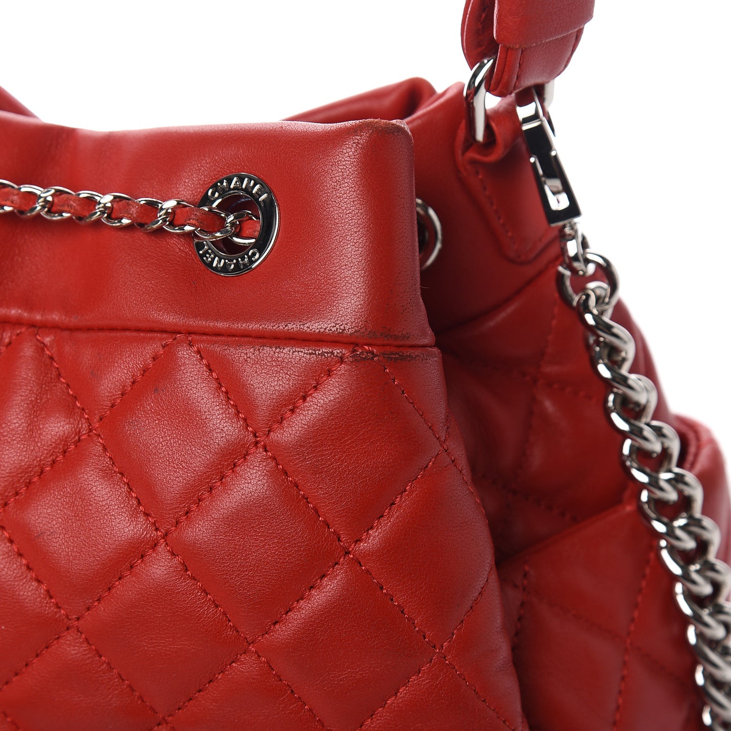 Lambskin Quilted Small CC Chain Drawstring Bucket Bag Red