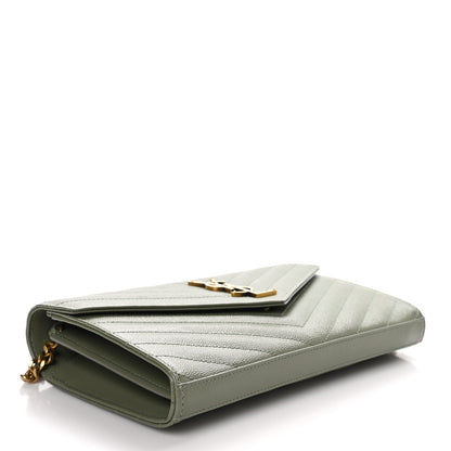 Saint Laurent Grain De Poudre Matelasse Chevron Monogram Chain Wallet Light Sage 4 of 10