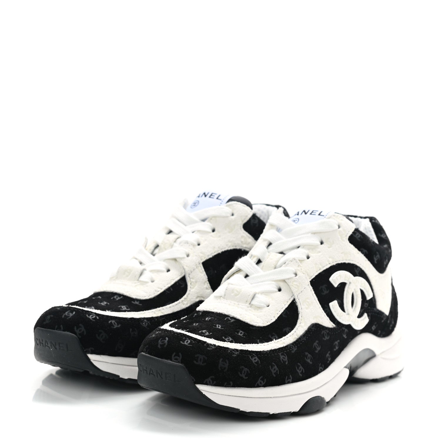 Chanel Nylon Suede Calfskin Printed CC Sneakers 35 White Black 3 of 9