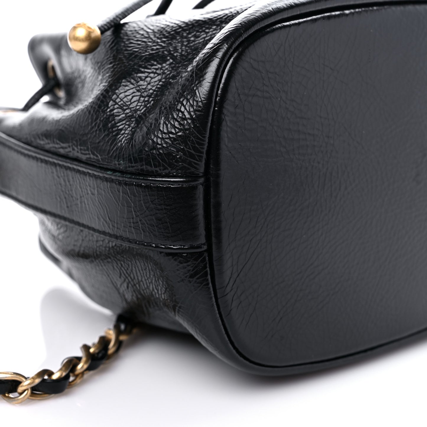 Shiny Aged Calfskin CC Chain Mini Drawstring Bag Black
