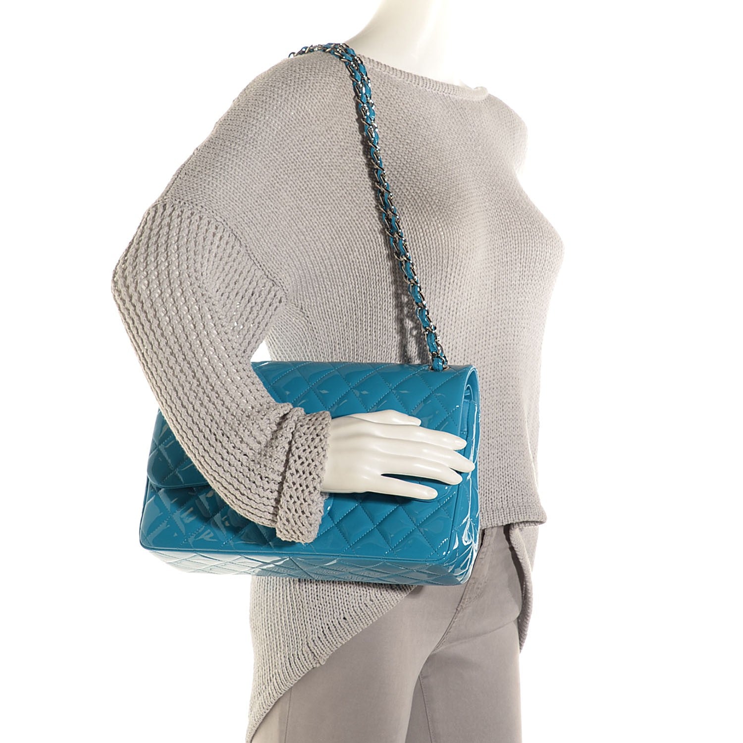 Chanel Patent Quilted Jumbo Double Flap Turquoise Blue 2 of 9