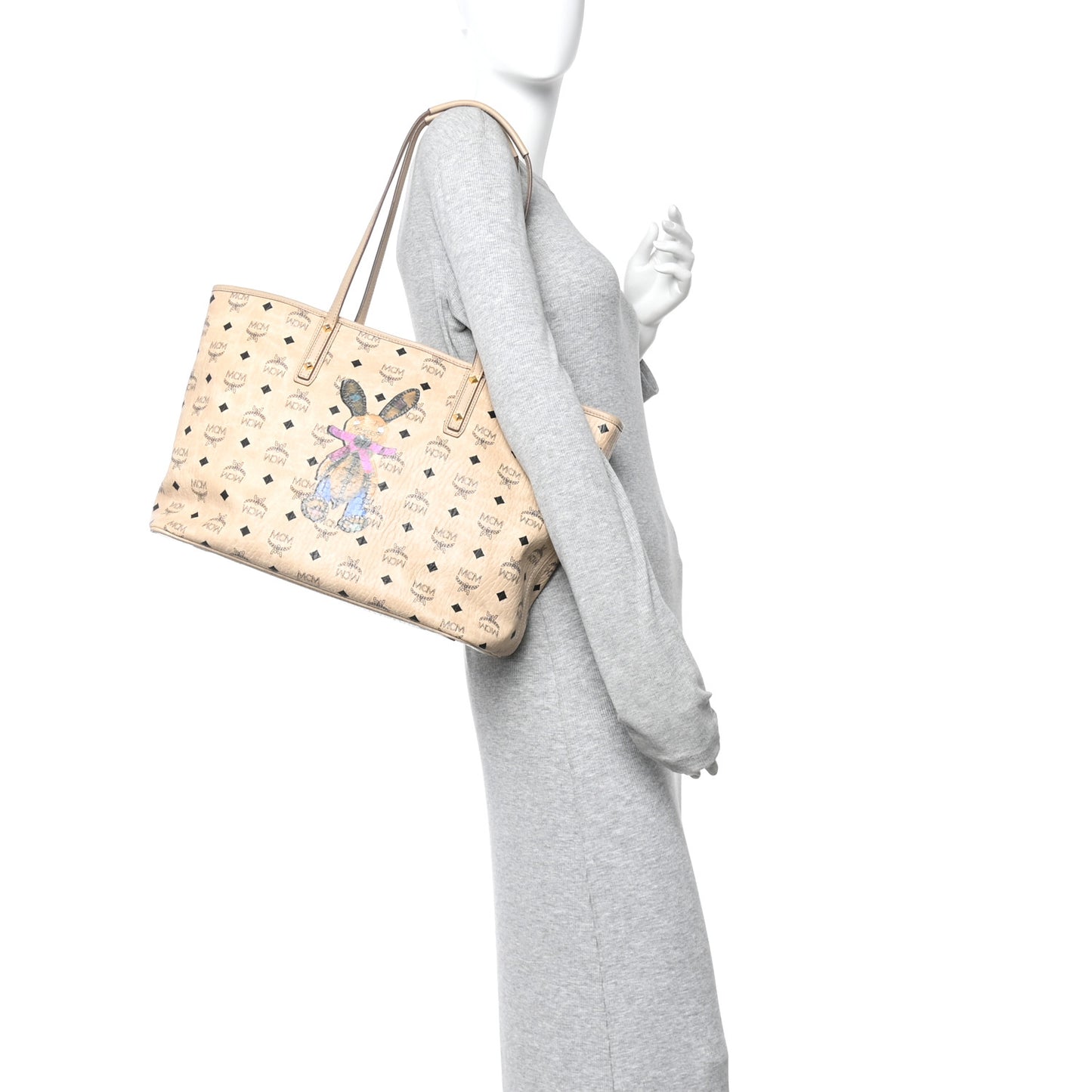 Visetos Medium Studded Rabbit Top Zip Shopper Tote Beige