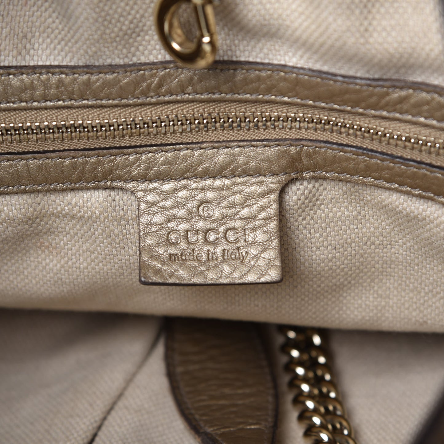 Metallic Pebbled Calfskin Medium Soho Chain Shoulder Bag Golden Beige