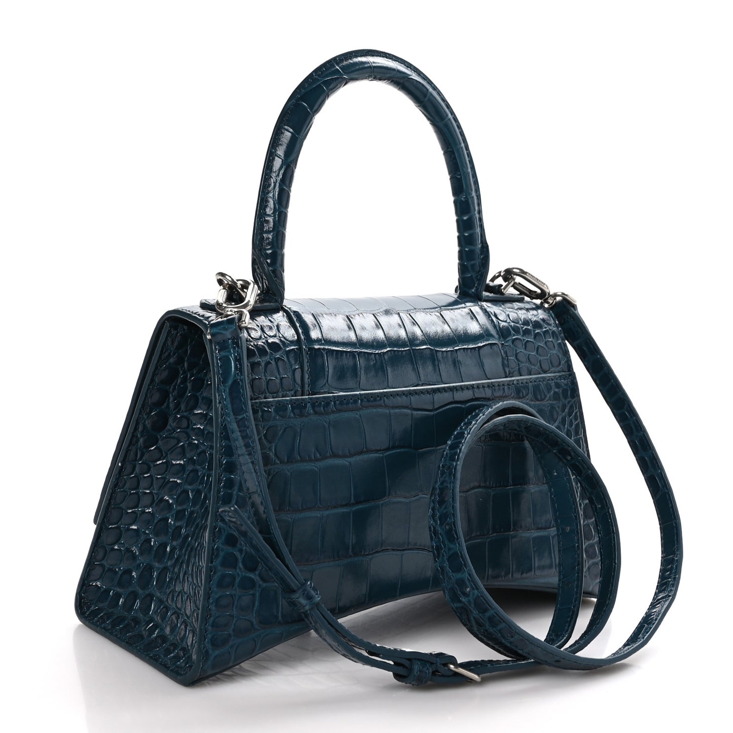 Shiny Calfskin Crocodile Embossed Small Hourglass Top Handle Bag Dark Petrol Blue