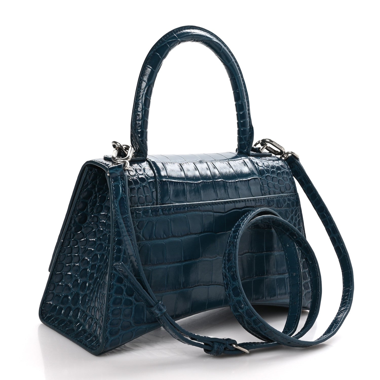 Balenciaga Shiny Calfskin Crocodile Embossed Small Hourglass Top Handle Bag Dark Petrol Blue 3 of 9