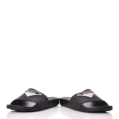 Prada Rubber Logo Pool Slide Sandals 37 Black Rosa 6 of 9