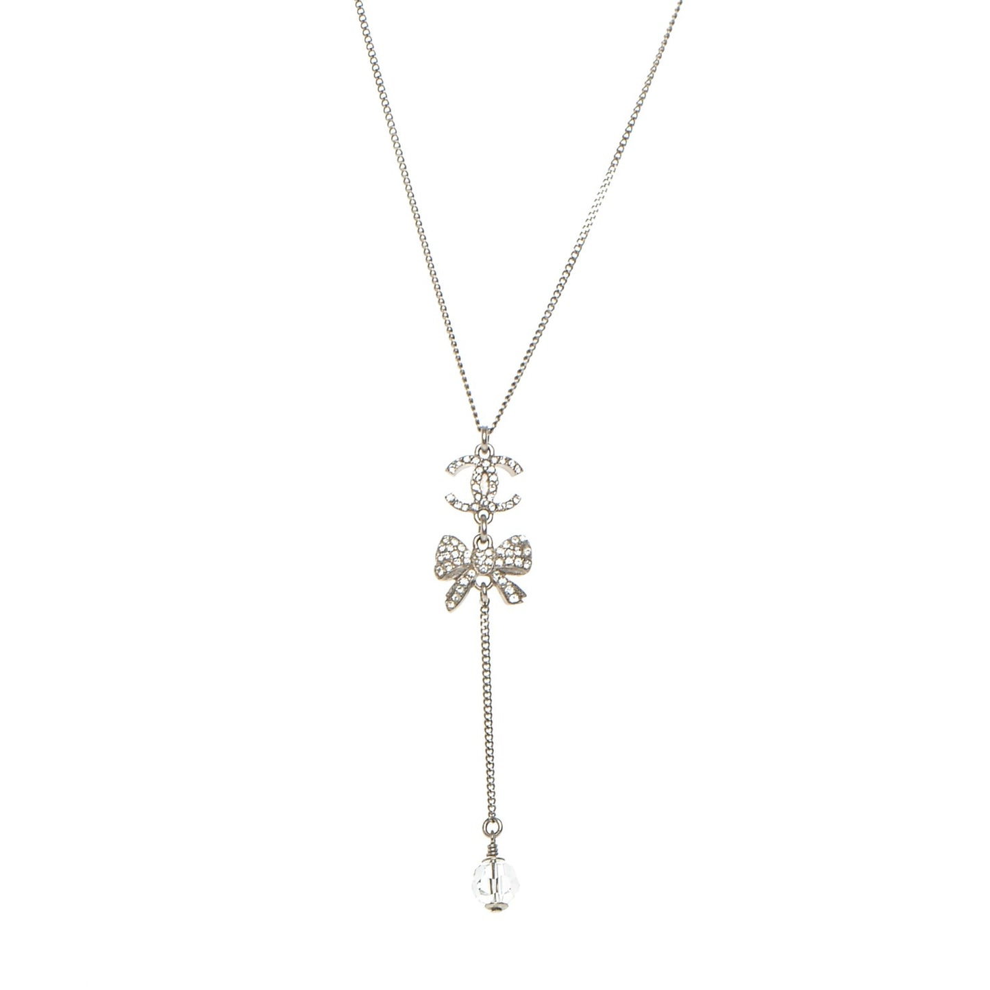 Crystal CC Bow Drop Necklace Silver
